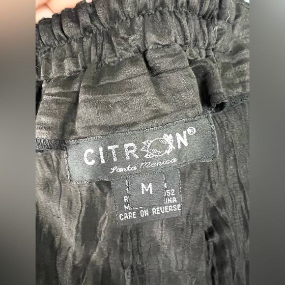 Citron black crinkly pants floral embroidered hem linen blend wide leg artsy M - Picture 4 of 10